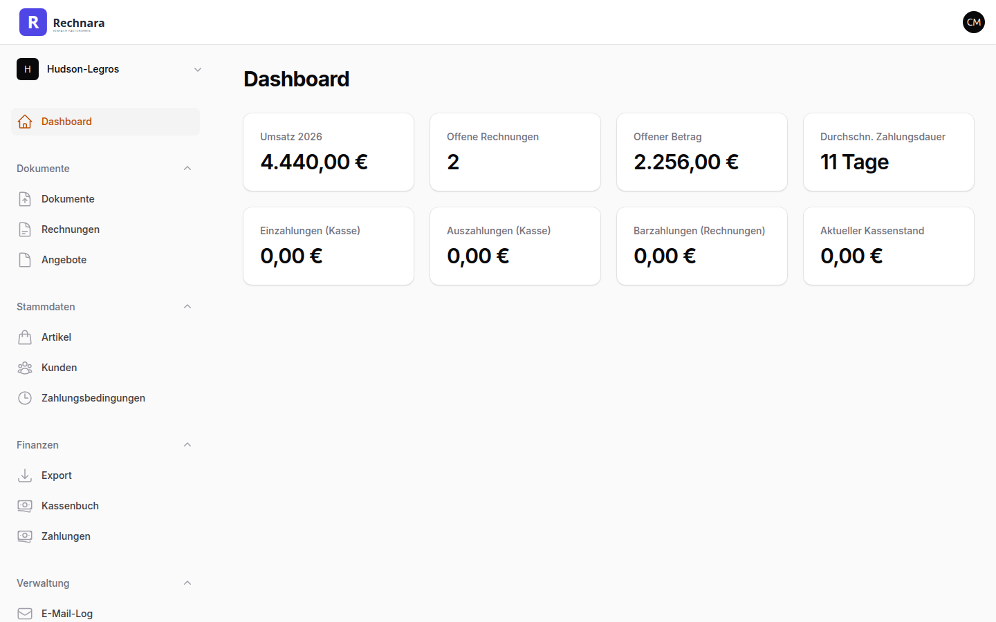 Rechnara Dashboard - Übersicht mit Umsatz, offenen Rechnungen und Kassenstand